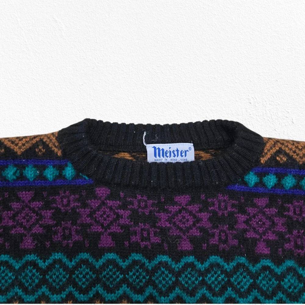 Vintage 90s Meister Fair Isle Geometric Wool Ski Pullover Sweater Size Small